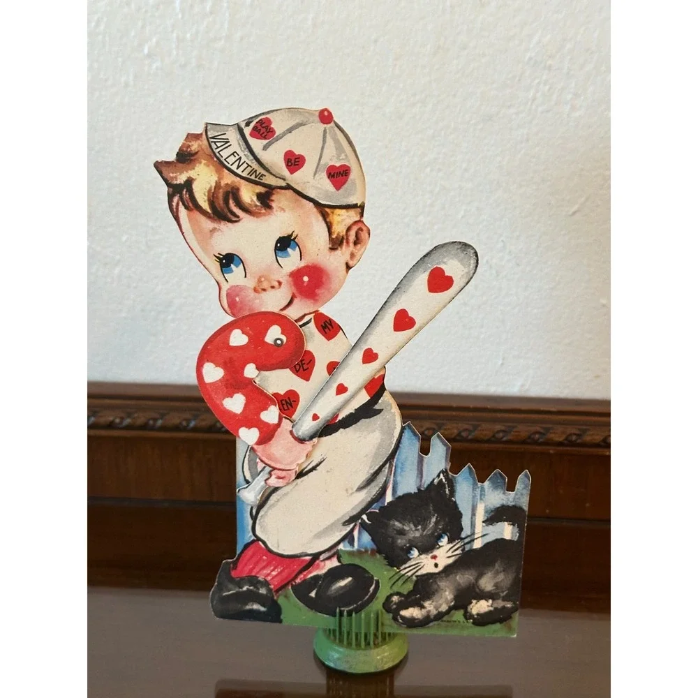 Vintage Valentine's Day Card 8'' Mechanical Baseball Player Ephemera Made in USA